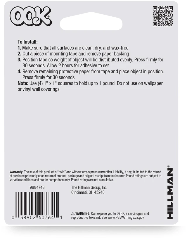 Alt view image 2 of 6 - Ook Double Sided Removable Poster Tape, 10 ft, 1 lb, Rubber Adhesive, White, 1 roll