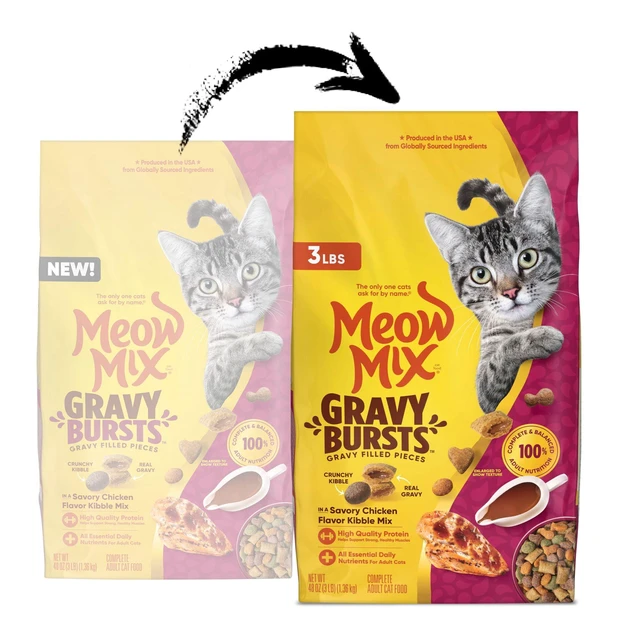 Alt view image 3 of 6 - Meow Mix Gravy Bursts, Savory Chicken Flavor Mix, Gravy Filled Dry Cat Food, 3 lb. Bag