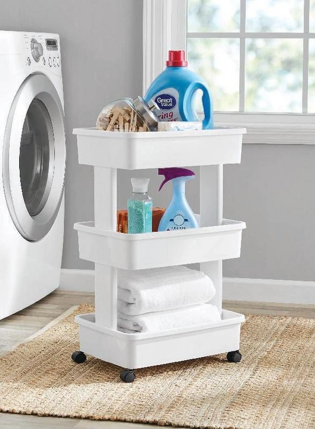Main image of Mainstays 3-Tier Plastic Rolling Laundry Cart, Arctic White