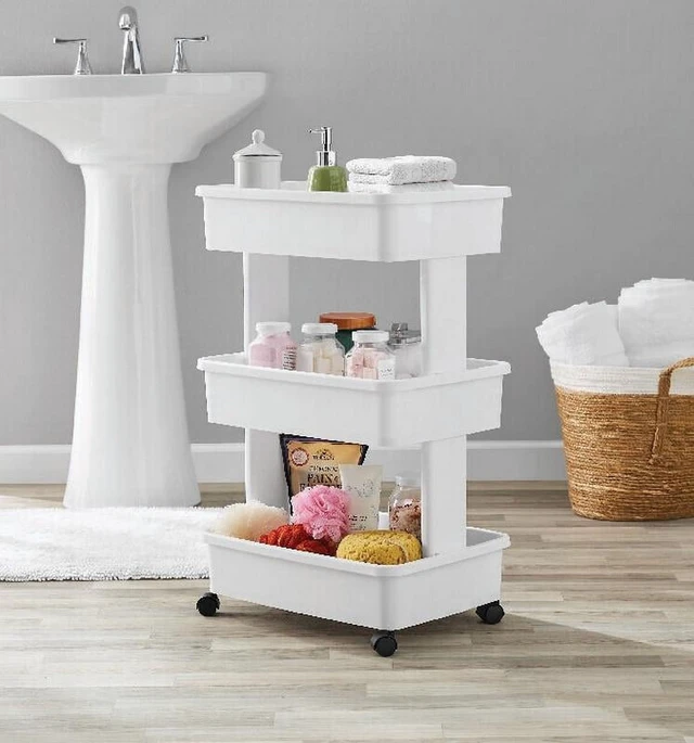 Alt view image 2 of 6 - Mainstays 3-Tier Plastic Rolling Laundry Cart, Arctic White