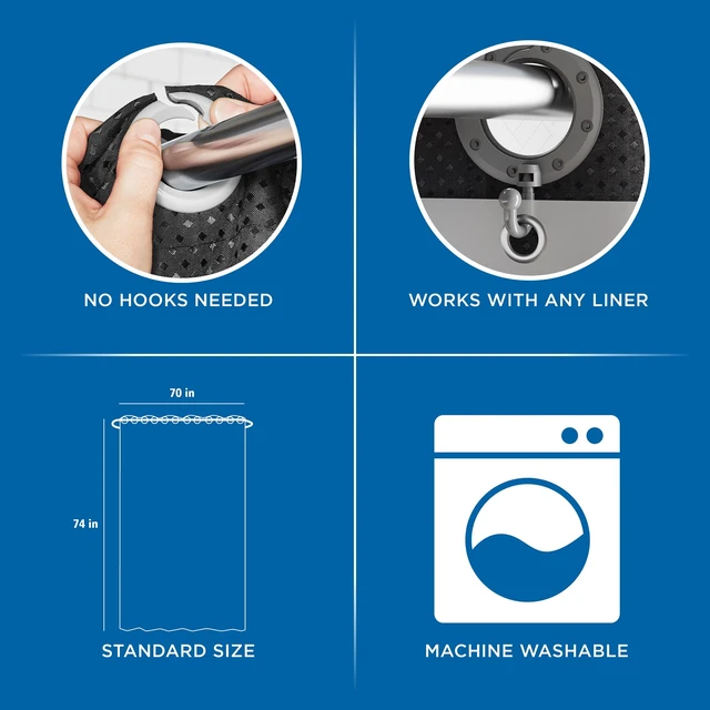 Alt view image 6 of 6 - Mainstays Gemma Easy Hang Hookless Fabric Shower Curtain with Built-in Rings, 70 in x 74 in, Black