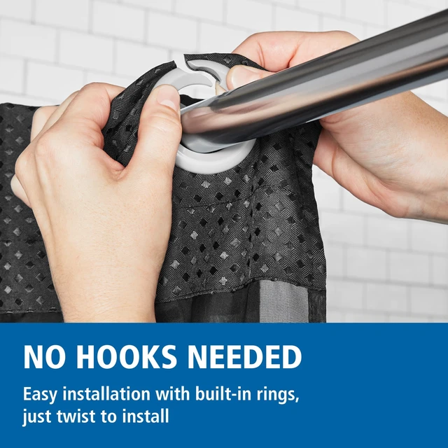 Alt view image 4 of 6 - Mainstays Gemma Easy Hang Hookless Fabric Shower Curtain with Built-in Rings, 70 in x 74 in, Black