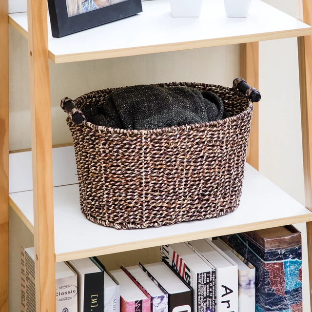Alt view image 4 of 6 - Mainstays Brown Oval 2-Hue Seagrass Storage Basket with Wooden Side Handles, 8.31 in x 10 in x 14.31 in