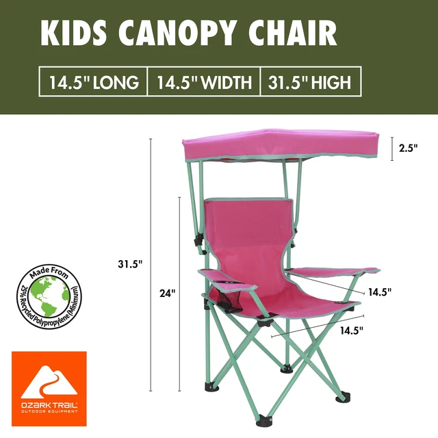 Alt view image 3 of 6 - Ozark Trail Kids Canopy Chair with Safety Lock, 125 lb Capacity, Pink/Green
