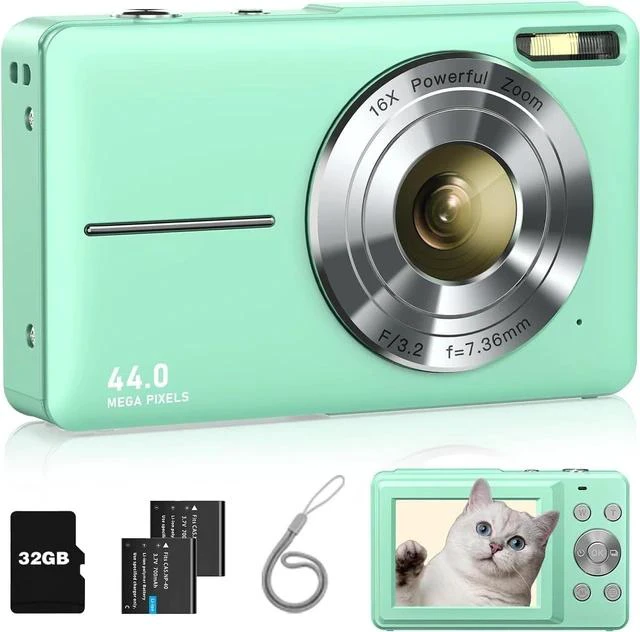 Main image of Lecran Digital Camera, FHD 1080P Kids Camera with 32GB Card, 2 Batteries, Lanyard, 16X Zoom Anti Shake, 44MP Compact Portable Small Point and Shoot Camera for Kid Student Children Teen Girl Boy(Green)