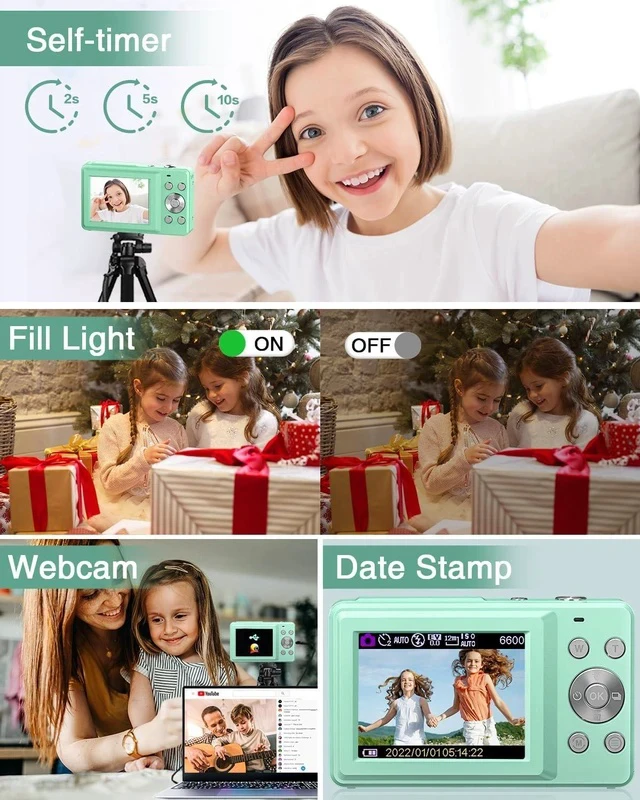 Alt view image 5 of 6 - Lecran Digital Camera, FHD 1080P Kids Camera with 32GB Card, 2 Batteries, Lanyard, 16X Zoom Anti Shake, 44MP Compact Portable Small Point and Shoot Camera for Kid Student Children Teen Girl Boy(Green)