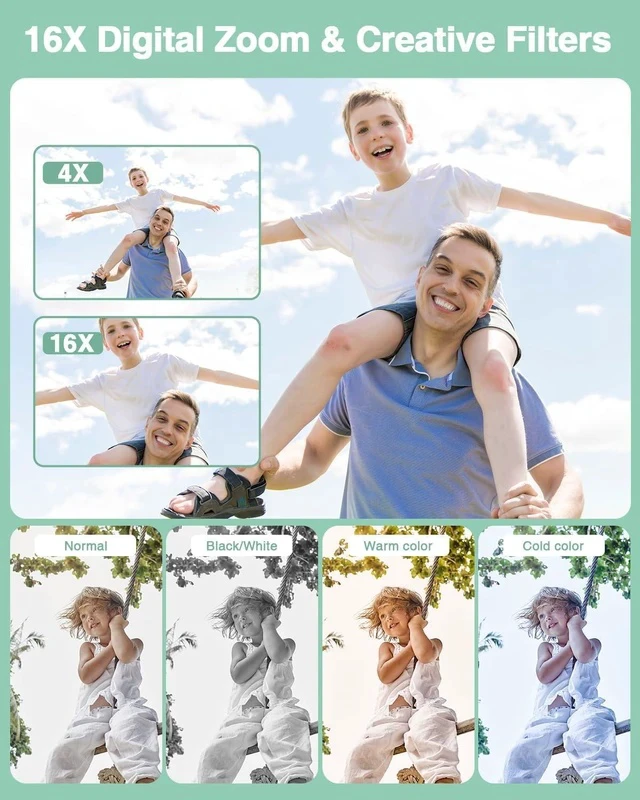 Alt view image 6 of 6 - Lecran Digital Camera, FHD 1080P Kids Camera with 32GB Card, 2 Batteries, Lanyard, 16X Zoom Anti Shake, 44MP Compact Portable Small Point and Shoot Camera for Kid Student Children Teen Girl Boy(Green)