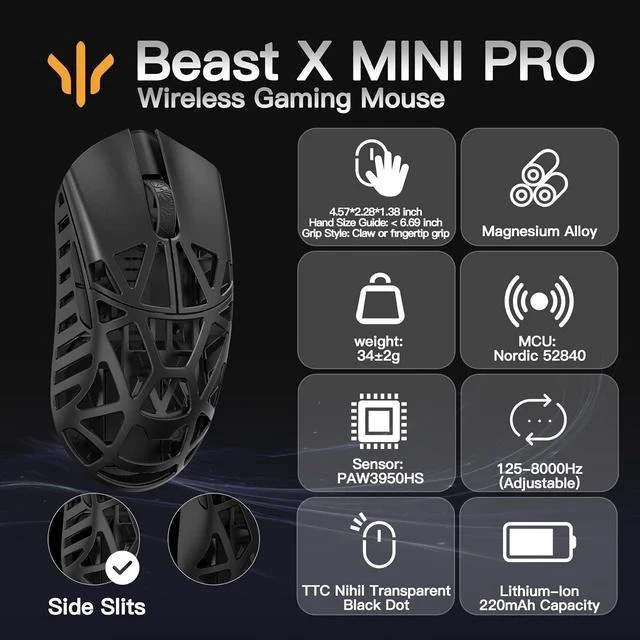 Alt view image 3 of 7 - WLMOUSE Beast X Mini Pro Magnesium Gaming Mouse(Black,TTC Switch,Side Slits)+ZETSUMEOW JUE 2.0 Mouse Pad(White)