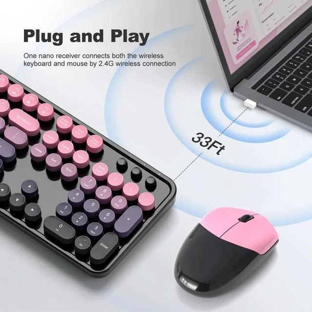 Alt view image 2 of 5 - Wireless Keyboard and Mouse Combo - GEEZER Rose-Pink Gradient Full-Sized Colorful Keyboard 104 Keys - USB 2.4 G Receiver Plug Play with Round Keycap Typewriter Keyboards, for Windows, PC, Lapto