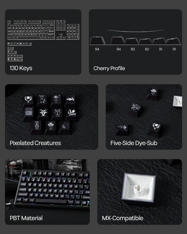 Alt view image 5 of 7 - x vvyruus Retromania Keycaps Set - 130 Keys Five-Side Dye-sub PBT Keycaps, Cherry Profile, MX-Style Compatible for 60%/65%/75%/TKL/96%/Full Size ANSI Layout Mechanical Gaming Keyboards