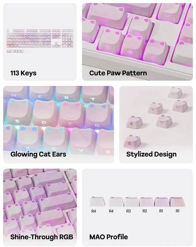 Alt view image 3 of 7 - Shimmeow Cute Cat Themed Keycaps Set for MX Mechanical Keyboard | 113 Keys, Shine Through, MAO Profile, PBT+PC Material, Compatible for 60%/65%/75%/TKL/96%/Full-Sized ANSI Layout (Twilight)