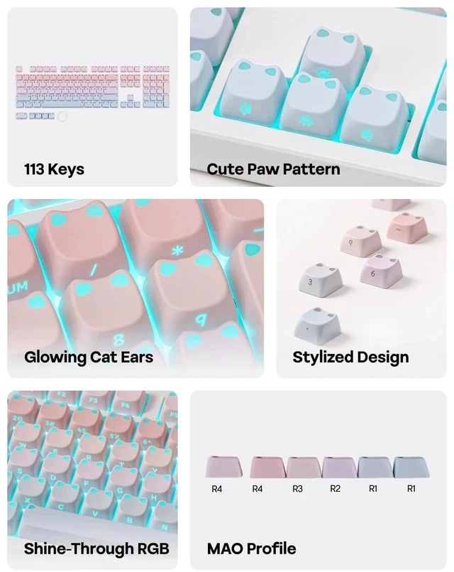 Alt view image 3 of 7 - Shimmeow Cute Cat Themed Keycaps Set for MX Mechanical Keyboard | 113 Keys, Shine Through, MAO Profile, PBT+PC Material, Compatible for 60%/65%/75%/TKL/96%/Full-Sized ANSI Layout (Nebula)