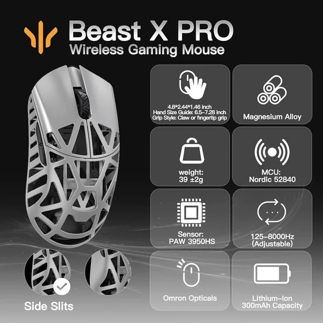 Alt view image 2 of 7 - WLMOUSE Beast X Pro Magnesium Gaming Mouse(Silver,OM Switch,Side Slits)+ZETSUMEOW REN Yaiba Mouse Pad(White)