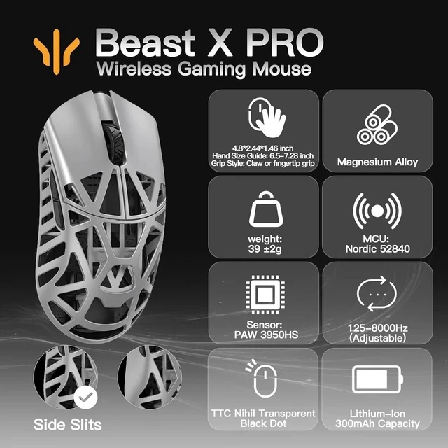Alt view image 2 of 7 - WLMOUSE Beast X Pro Magnesium Gaming Mouse(Silver,TTC Switch,Side Slits)+ZETSUMEOW REN Yaiba Mouse Pad(Black)