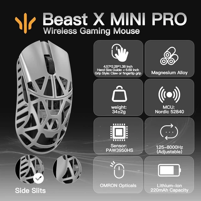Alt view image 2 of 7 - WLMOUSE Beast X Mini Pro Magnesium Gaming Mouse(Silver,OM Switch,Side Slits)+ZETSUMEOW REN Yaiba Mouse Pad(White)