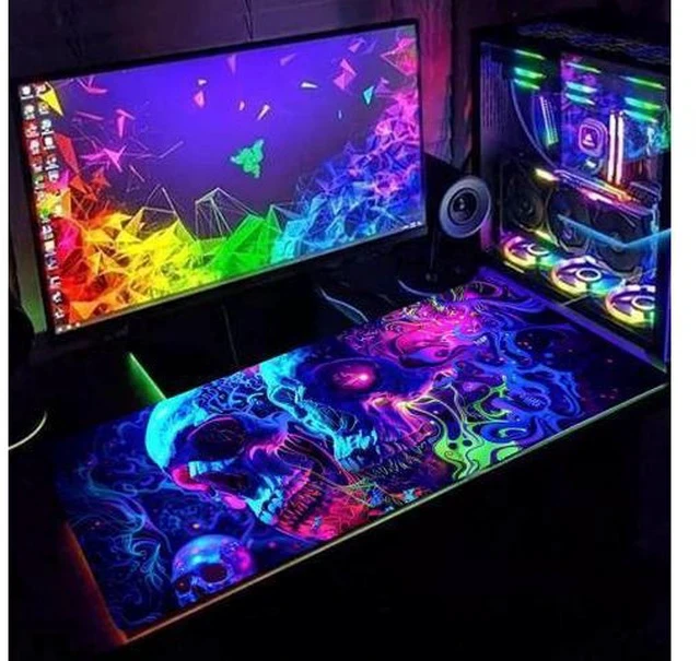 Alt view image 2 of 7 - Horror Skull Mouse Pad Large Waterproof Blacklight Colorful Skeleton Neon Gaming Non-Slip Rubber Base Mousemat Glow in The Dark Abstract Desk Mat for Office Home - 31.5 x 11.8 inches