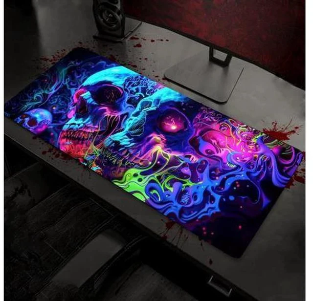 Alt view image 5 of 7 - Horror Skull Mouse Pad Large Waterproof Blacklight Colorful Skeleton Neon Gaming Non-Slip Rubber Base Mousemat Glow in The Dark Abstract Desk Mat for Office Home - 31.5 x 11.8 inches
