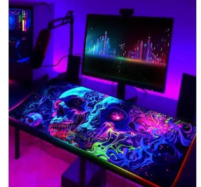Alt view image 4 of 7 - Horror Skull Mouse Pad Large Waterproof Blacklight Colorful Skeleton Neon Gaming Non-Slip Rubber Base Mousemat Glow in The Dark Abstract Desk Mat for Office Home - 31.5 x 11.8 inches