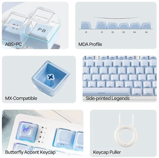 Alt view image 3 of 7 - Lusterfly Jelly Keycaps Set - 123 Keys Double-Shot Laser Engraved, MDA Profile, ABS+PC, Non-Shine-Through, MX-Compatible for 61/68/84/87/98/100/104-Key Mechanical Keyboard (Blue)