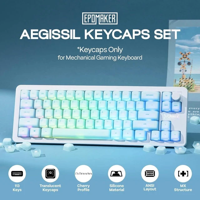Alt view image 2 of 7 - AegisSil Keycap Set, Silicone Material, Cherry Profile, 113 Keys, 65%/75%/96%/Full Size, Custom Keyboard Keycaps Set for Cherry MX, Kailh, Outemu, Gateron Mechanical Gaming Keyboard (Blue)