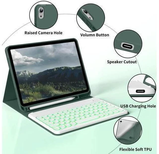Alt view image 3 of 7 - kenke for iPad 10th Generation Case with Keyboard 10.9 inch 2022, Detachable Wireless Bluetooth iPad Keyboard Case with Built-in Left Side Pencil Holder, Backlit White Circular Keycaps (Dark Green