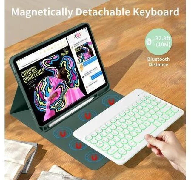 Alt view image 4 of 7 - kenke for iPad 10th Generation Case with Keyboard 10.9 inch 2022, Detachable Wireless Bluetooth iPad Keyboard Case with Built-in Left Side Pencil Holder, Backlit White Circular Keycaps (Dark Green