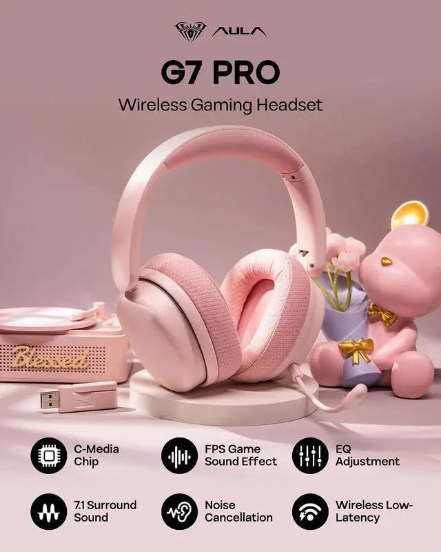 Alt view image 2 of 7 - X Aula G7 Pro Wireless Gaming Headset, Dual Mode BT5.3 & 2.4GHz, 7.1 Surround Sound, 80+ Hour Battery, RGB Light, with Noise Canceling Mic for PS5, PS4, Switch, PC (Pink)