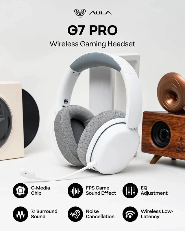 Alt view image 2 of 7 - X Aula G7 Pro Wireless Gaming Headset, Dual Mode BT5.3 & 2.4GHz, 7.1 Surround Sound, 80+ Hour Battery, RGB Light, with Noise Canceling Mic for PS5, PS4, Switch, PC (White)