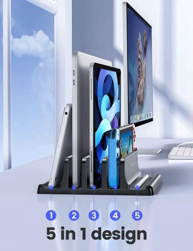 Alt view image 2 of 7 - 3-Slot Vertical Laptop Stand Organizer, Laptop Storage Holder Made of Premium ABS Plastics 5 in 1 Design,Desktop Space-Saving Adjustable Desk Organizer for All MacBook/Chromebook/Surface