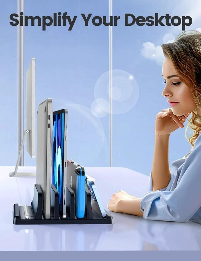 Alt view image 6 of 7 - 3-Slot Vertical Laptop Stand Organizer, Laptop Storage Holder Made of Premium ABS Plastics 5 in 1 Design,Desktop Space-Saving Adjustable Desk Organizer for All MacBook/Chromebook/Surface