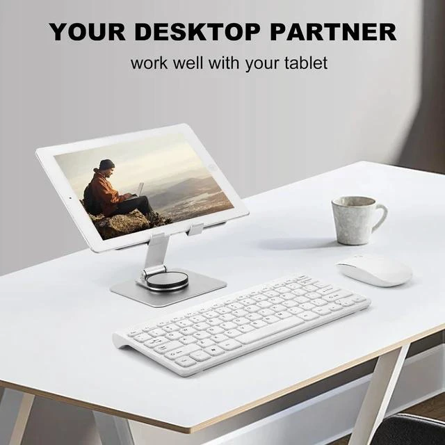 Alt view image 2 of 7 - Physowell Tablet Holder,iPad Stand, 360 Rotating Base,Foldable Adjustable Tablet Stand,aluminum alloy metal Tablet Stand for Desk, Compatible with iPad Pro Air Mini 4 to 12.9-inch Tablet Silver