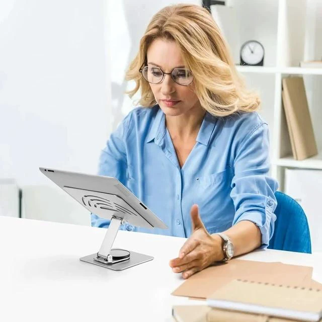 Alt view image 5 of 7 - Physowell Tablet Holder,iPad Stand, 360 Rotating Base,Foldable Adjustable Tablet Stand,aluminum alloy metal Tablet Stand for Desk, Compatible with iPad Pro Air Mini 4 to 12.9-inch Tablet Silver