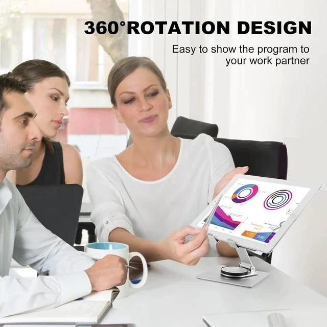 Alt view image 7 of 7 - Physowell Tablet Holder,iPad Stand, 360 Rotating Base,Foldable Adjustable Tablet Stand,aluminum alloy metal Tablet Stand for Desk, Compatible with iPad Pro Air Mini 4 to 12.9-inch Tablet Silver