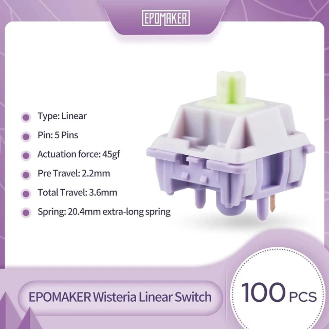 Alt view image 2 of 7 - Mechanical Switches Set for Mechanical Gaming Keyboard, 100 Pieces, Pre-Lubed Switch, Linear/Tactile/Clicky, 5-Pin Creamy Switch with MX Keycaps (Wisteria V1(Linear))