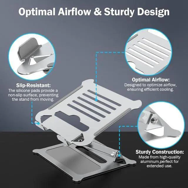 Alt view image 6 of 7 - Aluminum Adjustable Laptop Stand No Wobble Laptop Riser Foldable Computer Notebook Stand Holder for 10-17 Laptops Lightweight & Sturdy Silver/B