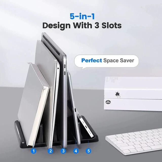 Alt view image 2 of 7 - 3-Slot Vertical Laptop Stand Holder Adjustable ABS Plastic Desktop Notebook Dock Vertical Laptop Stand Space-Saving for All MacBook/Surface//HP//Chrome Book