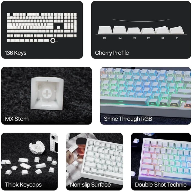 Alt view image 3 of 7 - Phos Keycaps Set - 136 Keys Side-Printed Shine Through Keycaps, Cherry Profile, PBT+PC, MX-Stem Compatible for 61/68/84/87/98/100/104 ANSI Layout Mechanical Gaming Keyboards