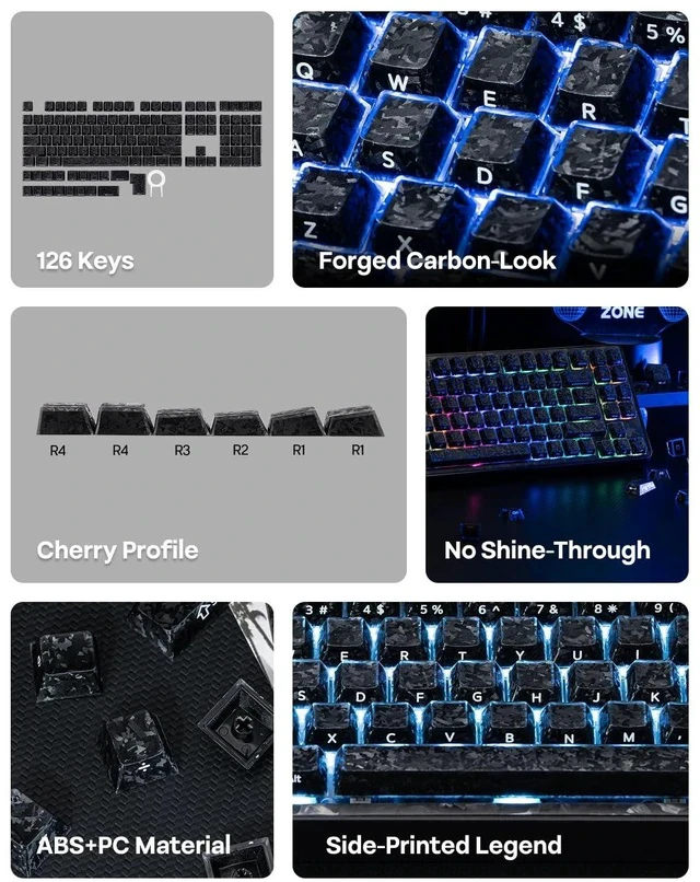Alt view image 3 of 7 - Frost Jelly Keycaps Set, 126 Keys Forged Carbon Fiber Keycaps | Cherry Profile, ABS+PC, MX-Style Compatible for 61/68/84/87/98/100/104/108 ANSI Layout Mechanical Gaming Keyboards (Black)