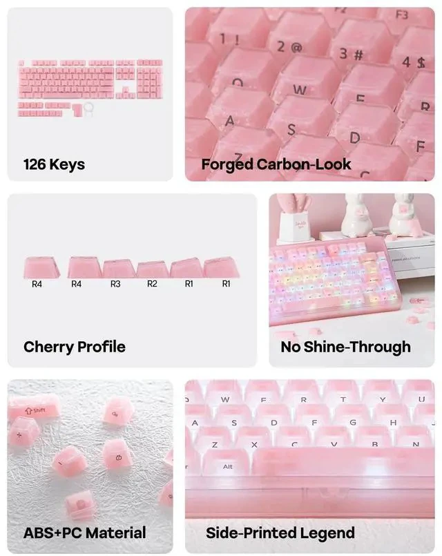 Alt view image 3 of 7 - Frost Jelly Keycaps Set, 126 Keys Forged Carbon Fiber Keycaps | Cherry Profile, ABS+PC, MX-Style Compatible for 61/68/84/87/98/100/104/108 ANSI Layout Mechanical Gaming Keyboards (Pink)
