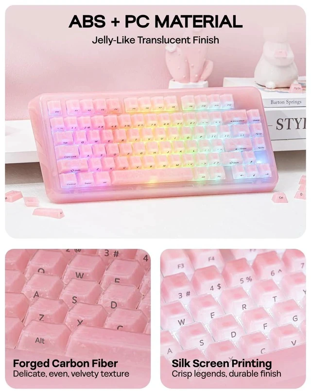 Alt view image 6 of 7 - Frost Jelly Keycaps Set, 126 Keys Forged Carbon Fiber Keycaps | Cherry Profile, ABS+PC, MX-Style Compatible for 61/68/84/87/98/100/104/108 ANSI Layout Mechanical Gaming Keyboards (Pink)