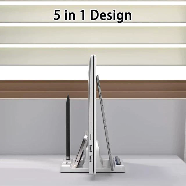 Alt view image 2 of 7 - Vertical Laptop Stand Holder - Adjustable ABS Plastic Desktop Management Notebook Dock Space-Saving 3 in 1 Compatible with All MacBook Pro Air Mac HP Surface (White)