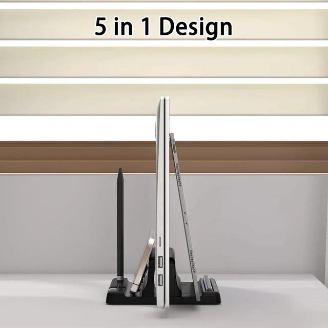 Alt view image 2 of 7 - Vertical Laptop Stand Holder - Adjustable ABS Plastic Desktop Management Notebook Dock Space-Saving 3 in 1 Compatible with All MacBook Pro Air Mac HP Surface (Black)