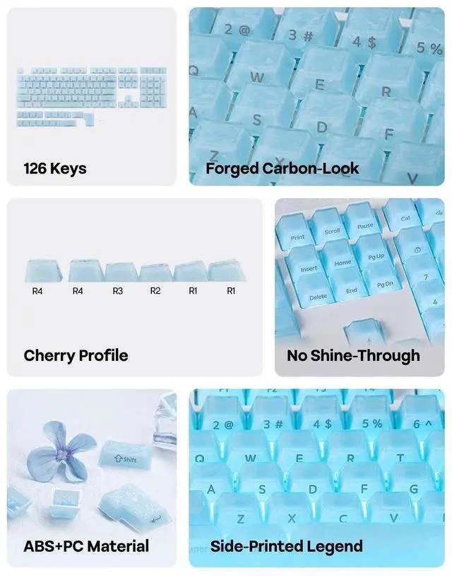 Alt view image 3 of 7 - Frost Jelly Keycaps Set, 126 Keys Forged Carbon Fiber Keycaps | Cherry Profile, ABS+PC, MX-Style Compatible for 61/68/84/87/98/100/104/108 ANSI Layout Mechanical Gaming Keyboards (Blue)