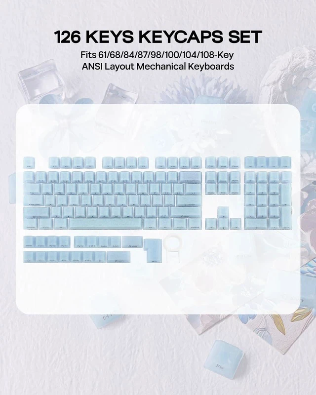 Alt view image 7 of 7 - Frost Jelly Keycaps Set, 126 Keys Forged Carbon Fiber Keycaps | Cherry Profile, ABS+PC, MX-Style Compatible for 61/68/84/87/98/100/104/108 ANSI Layout Mechanical Gaming Keyboards (Blue)