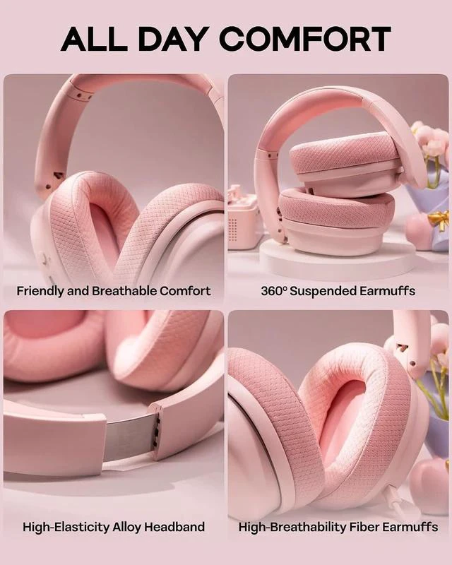 Alt view image 4 of 7 - X Aula G7 Pro Wireless Gaming Headset, Dual Mode BT5.3 & 2.4GHz, 7.1 Surround Sound, 80+ Hour Battery, RGB Light, with Noise Canceling Mic for PS5, PS4, Switch, PC (Pink)