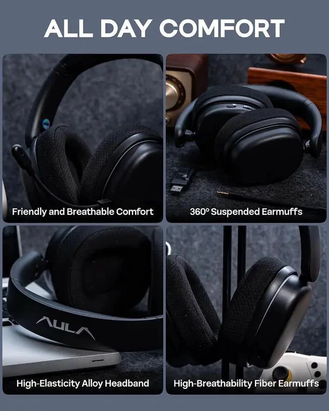 Alt view image 4 of 7 - X Aula G7 Pro Wireless Gaming Headset, Dual Mode BT5.3 & 2.4GHz, 7.1 Surround Sound, 80+ Hour Battery, RGB Light, with Noise Canceling Mic for PS5, PS4, Switch, PC (Black)