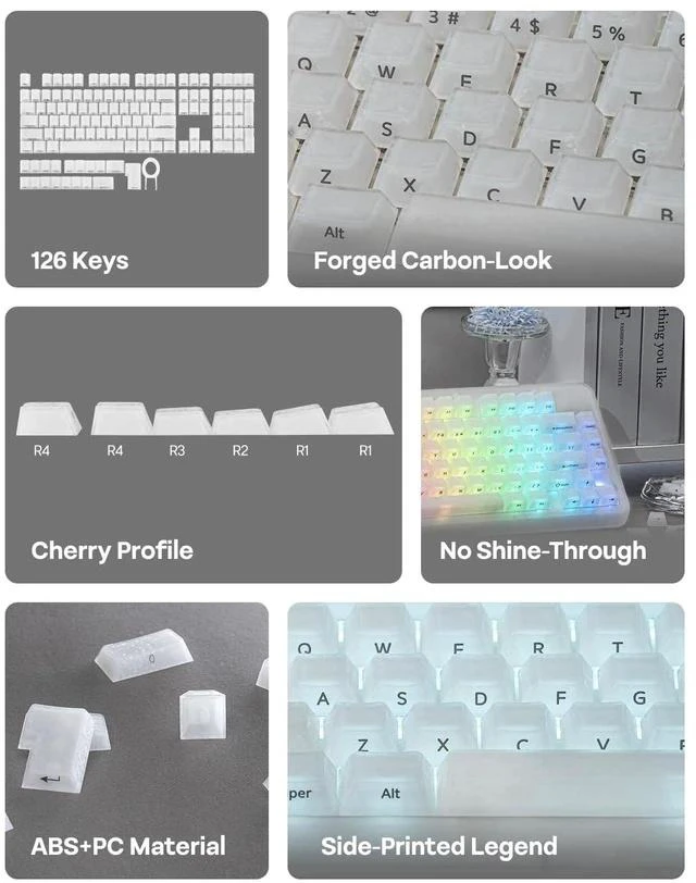 Alt view image 3 of 7 - Frost Jelly Keycaps Set, 126 Keys Forged Carbon Fiber Keycaps | Cherry Profile, ABS+PC, MX-Style Compatible for 61/68/84/87/98/100/104/108 ANSI Layout Mechanical Gaming Keyboards (White)
