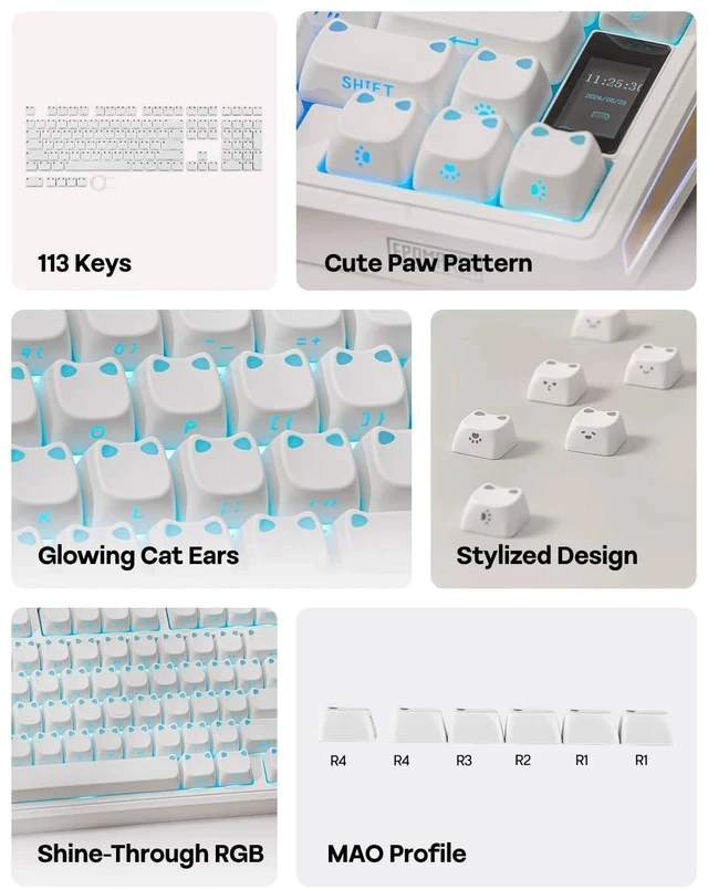 Alt view image 3 of 7 - Shimmeow Cute Cat Themed Keycaps Set for MX Mechanical Keyboard | 113 Keys, Shine Through, MAO Profile, PBT+PC Material, Compatible for 60%/65%/75%/TKL/96%/Full-Sized ANSI Layout (White)