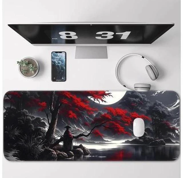 Alt view image 2 of 7 - Japanese Dark Red Moon Gaming Mouse Pad Extended Mouse Pad with Non-Slip Base Full Keyboard Pad with Stitched Edges Large Desk Pad for Gaming Office Home 31.5 x 11.8 Inch