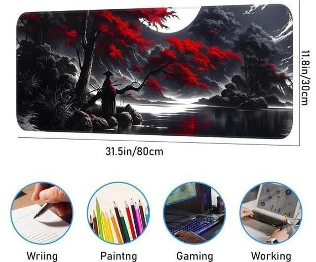 Alt view image 3 of 7 - Japanese Dark Red Moon Gaming Mouse Pad Extended Mouse Pad with Non-Slip Base Full Keyboard Pad with Stitched Edges Large Desk Pad for Gaming Office Home 31.5 x 11.8 Inch